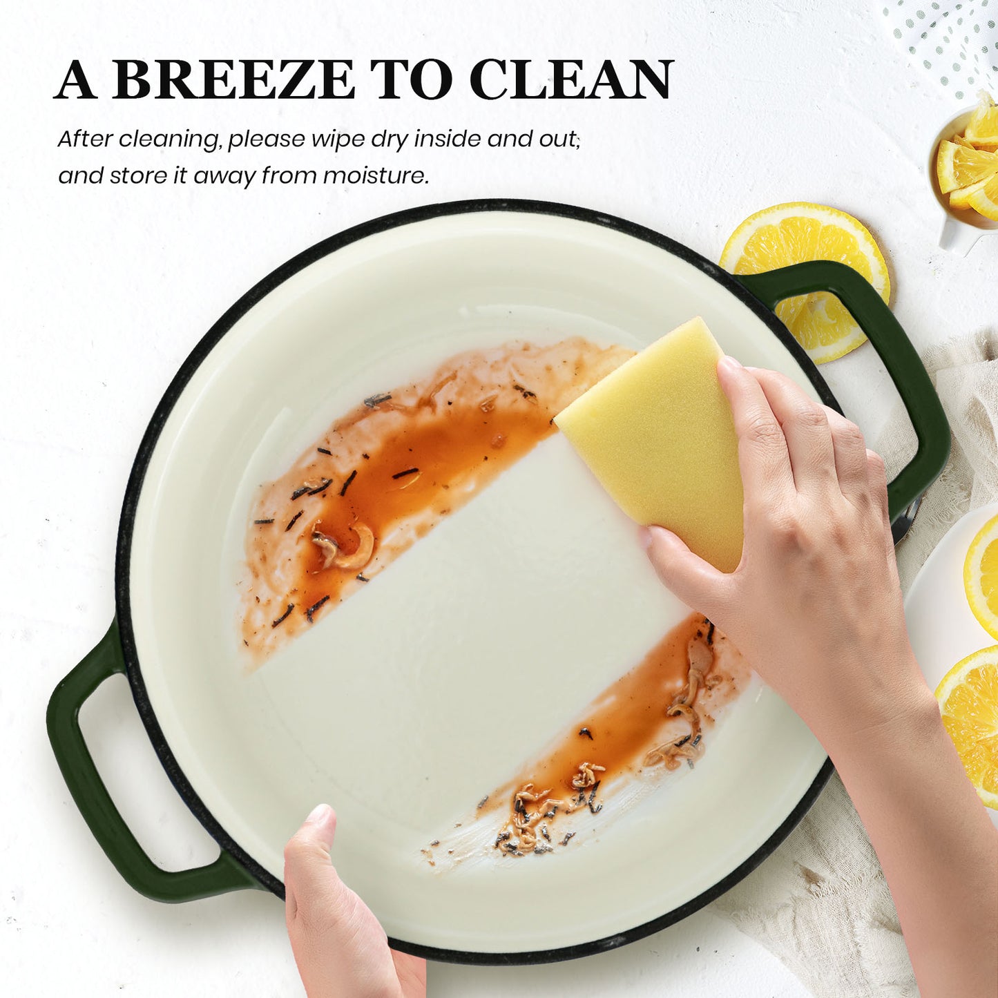 5QT green dutch ovensis easy to clean and wipes clean in seconds.