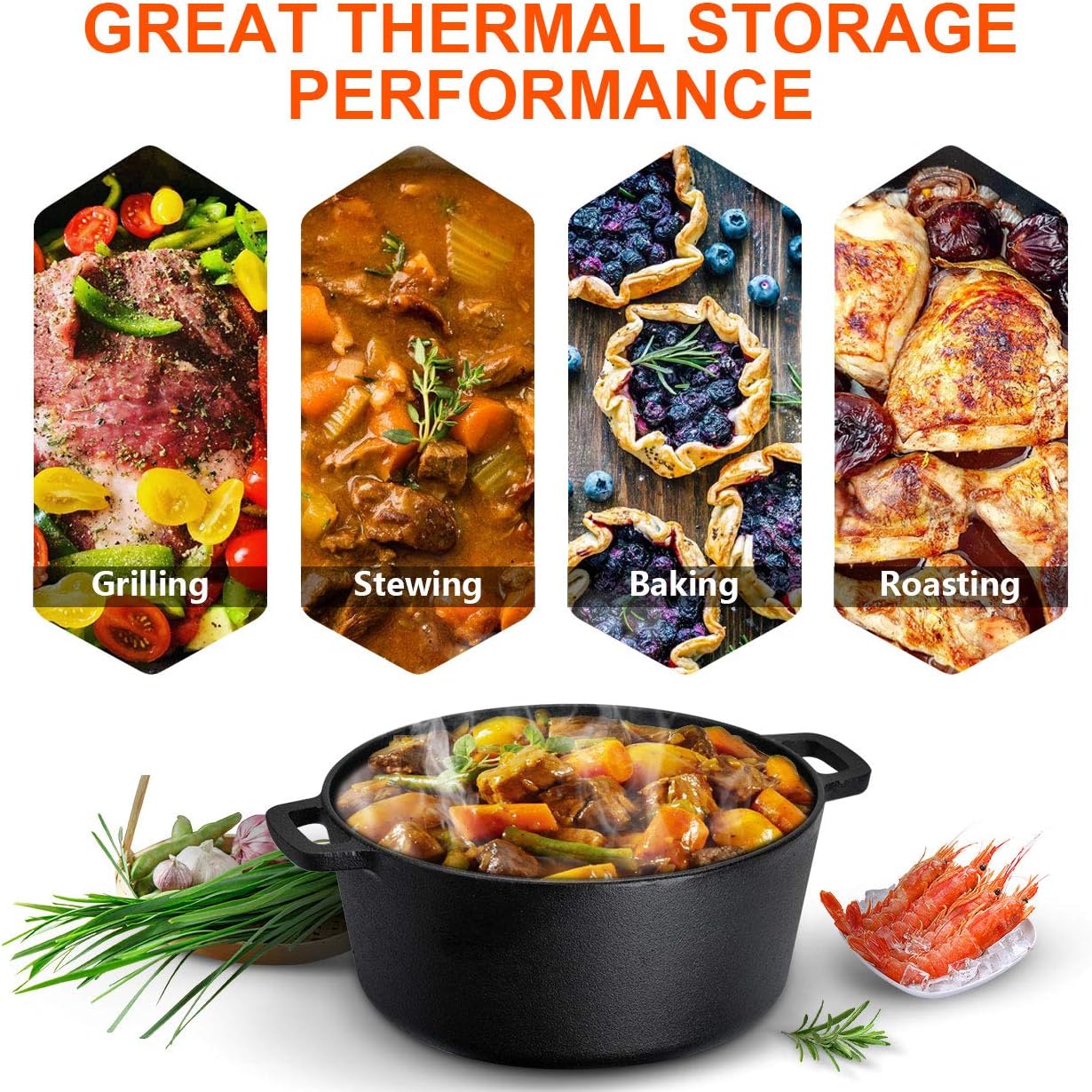 Black pots for grilling, stewing, baking and roasting.