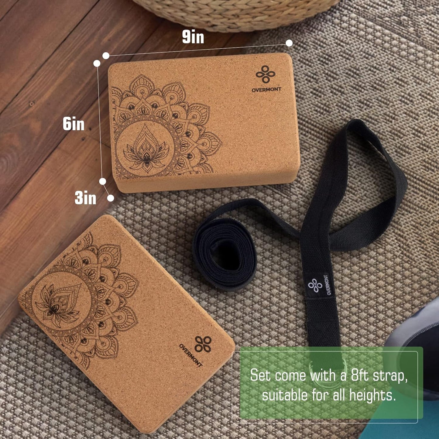 Overmont Cork Yoga Blocks 2 pack with 8ft Strap Set