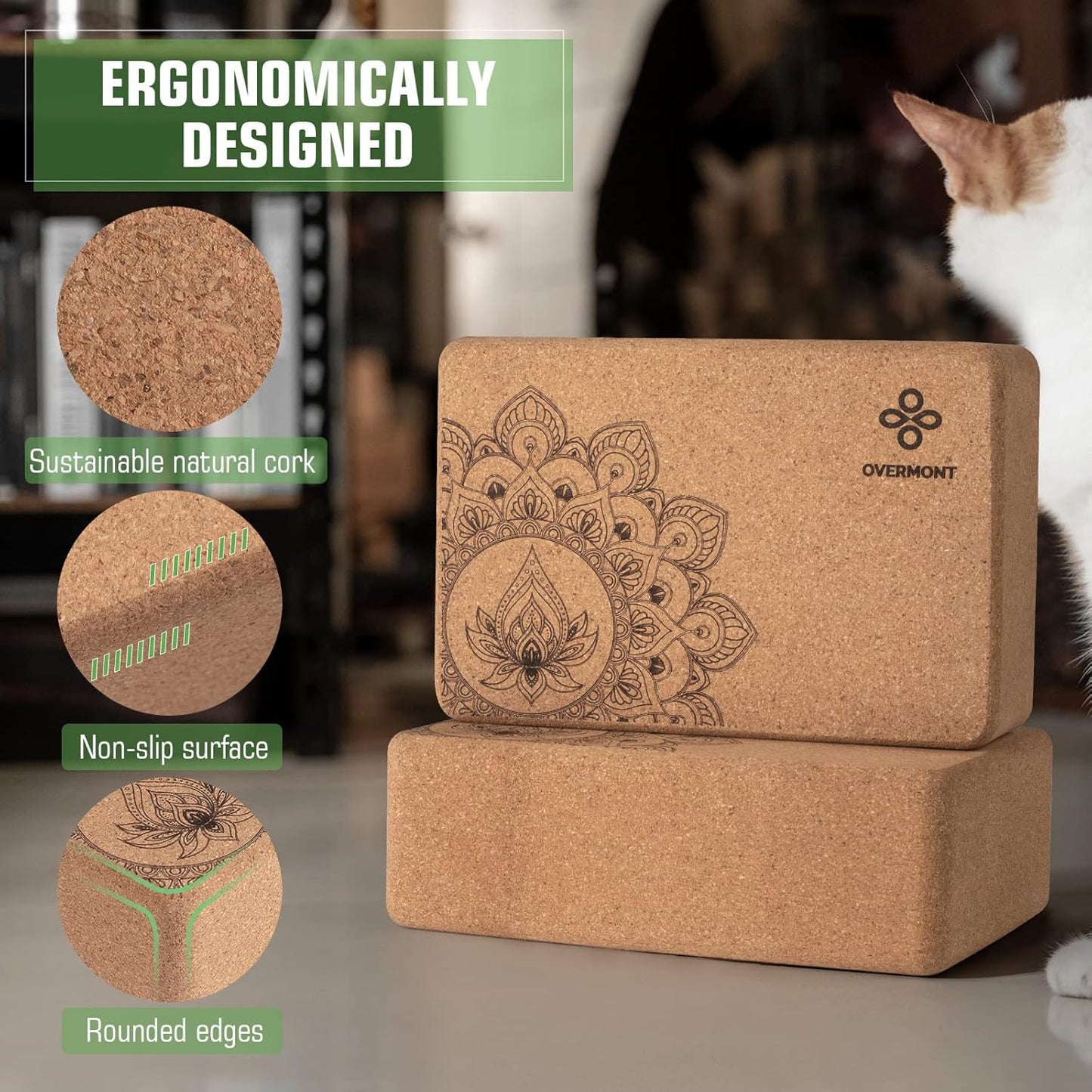 Overmont Cork Yoga Blocks 2 pack with 8ft Strap Set