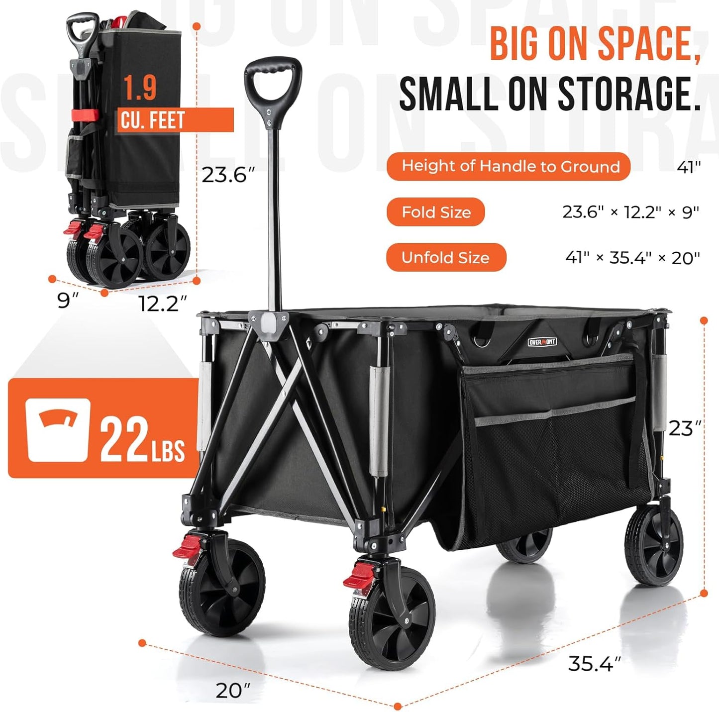 Chariot pliable pliable Overmont de 150 L, roues de 1,4 po