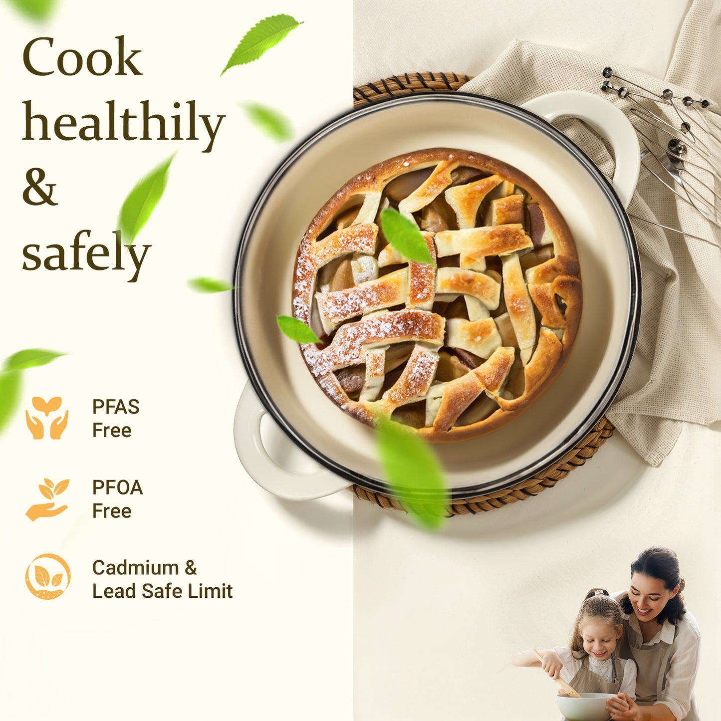 The cream white enamel-coated Dutch oven has PFAS, PFOA, cadmium, and lead content that all comply with relevant standards.