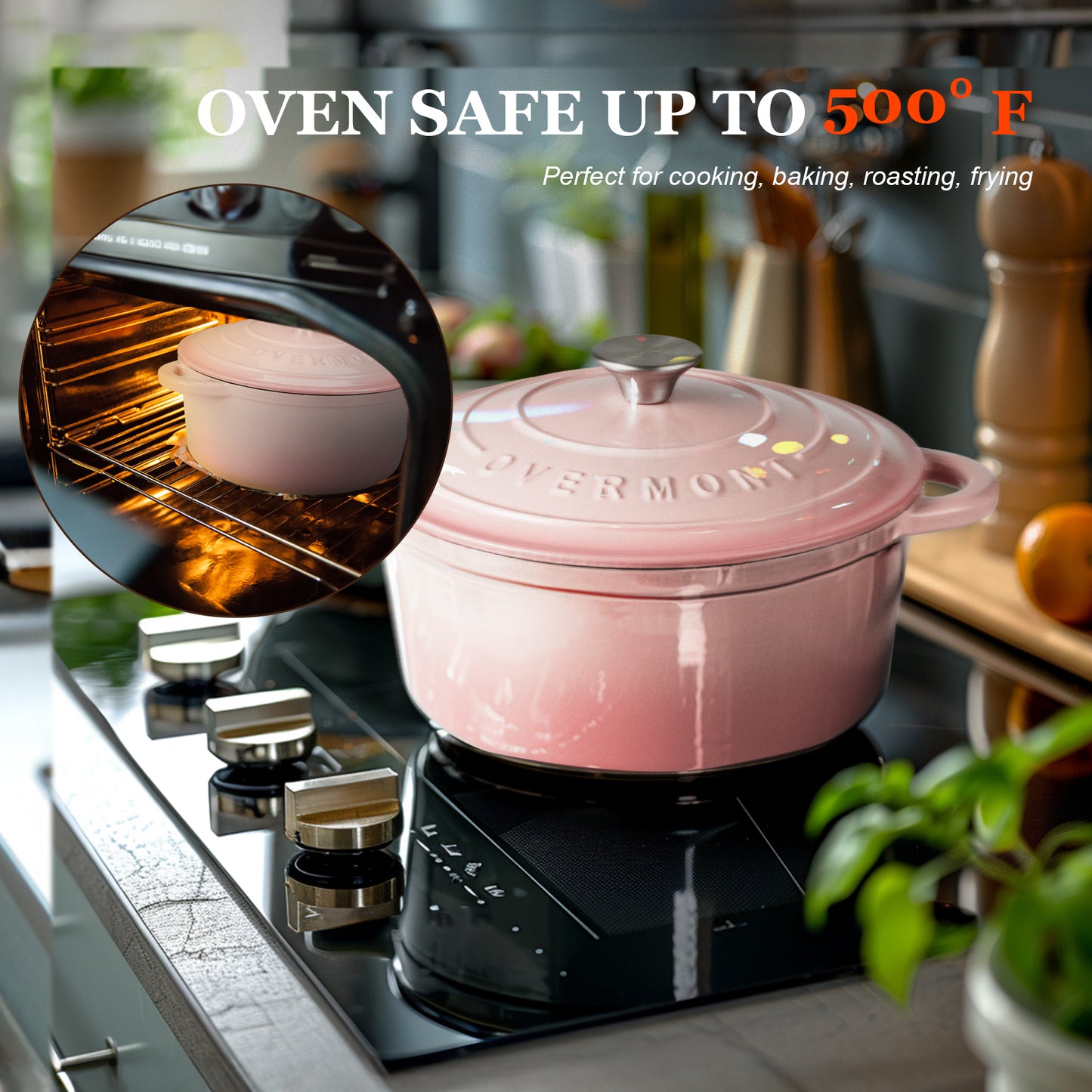 Pink enameled cast iron cookware on a stove with oven-safe