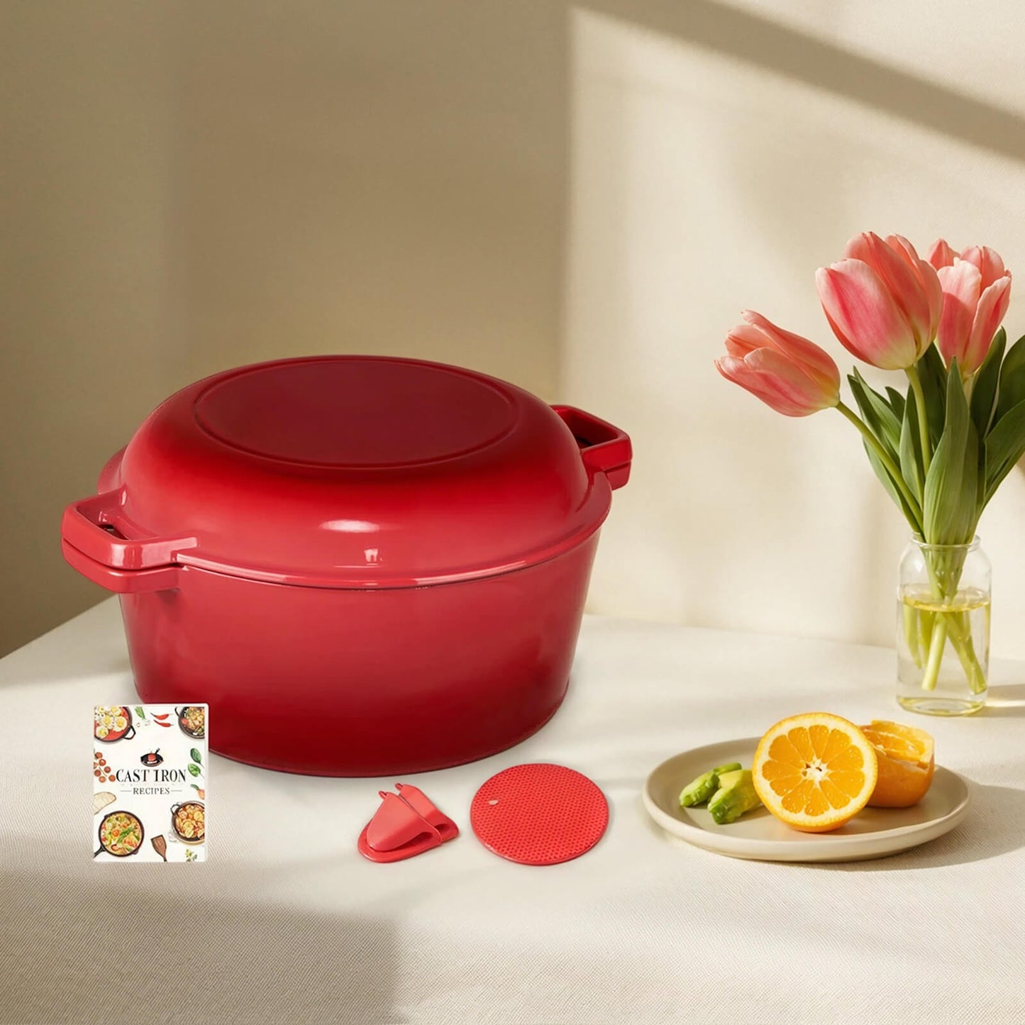 Overmont 2 in 1 Enameled Cast Iron Dutch Oven with Skillet Lid