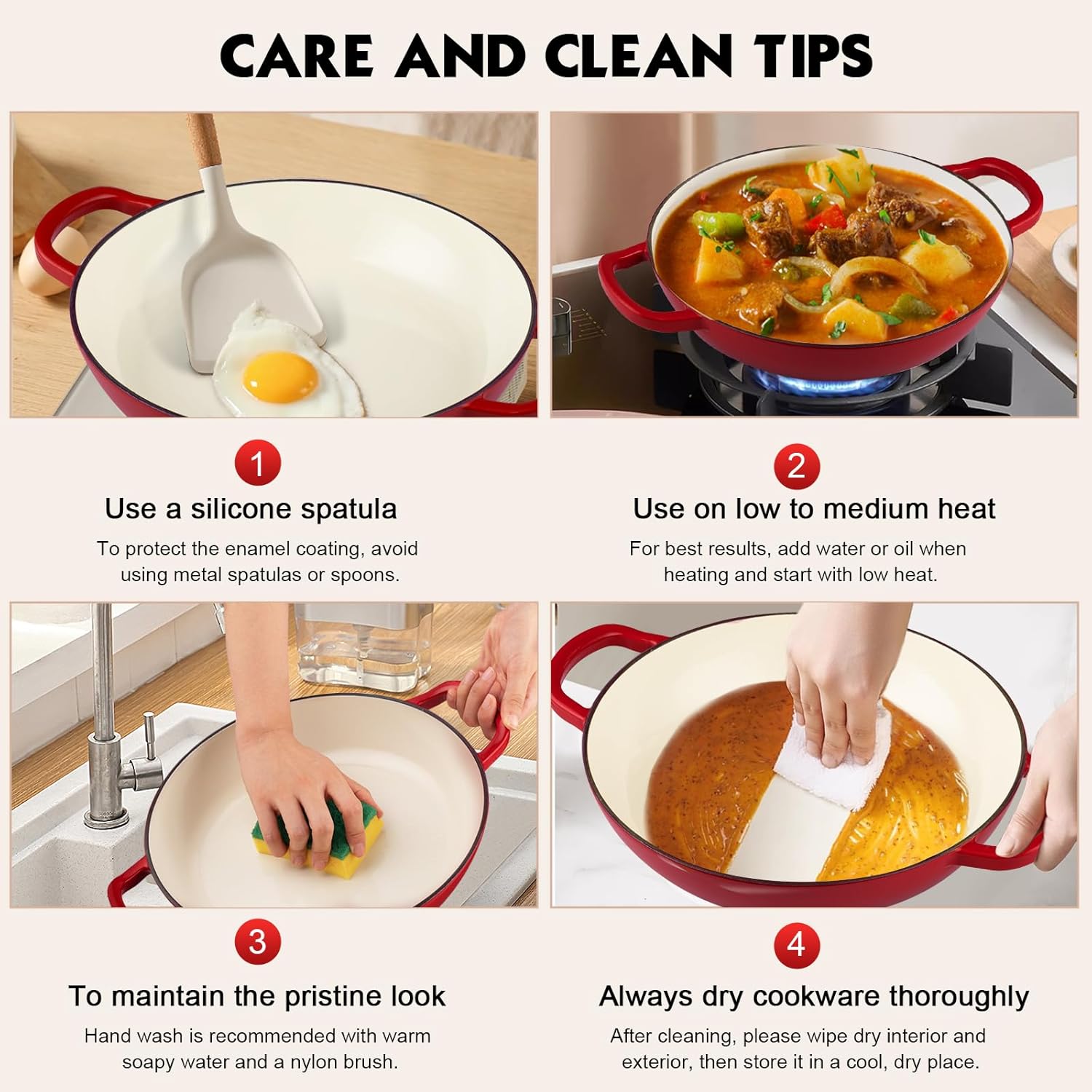Care and clean tips for a red cast iron cookware