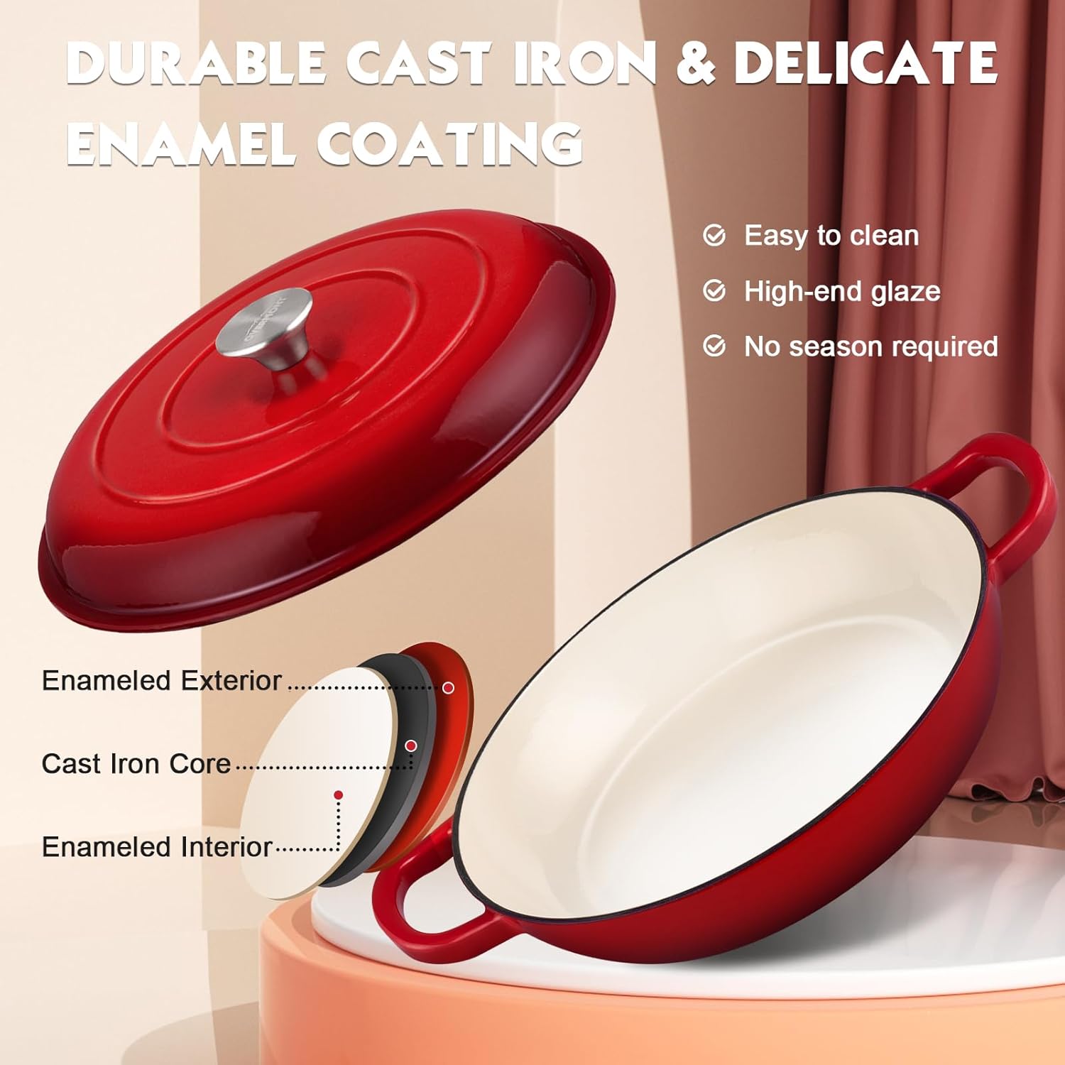 3.8qt red enameled cast iron is easy to clean and wipes clean in seconds.
