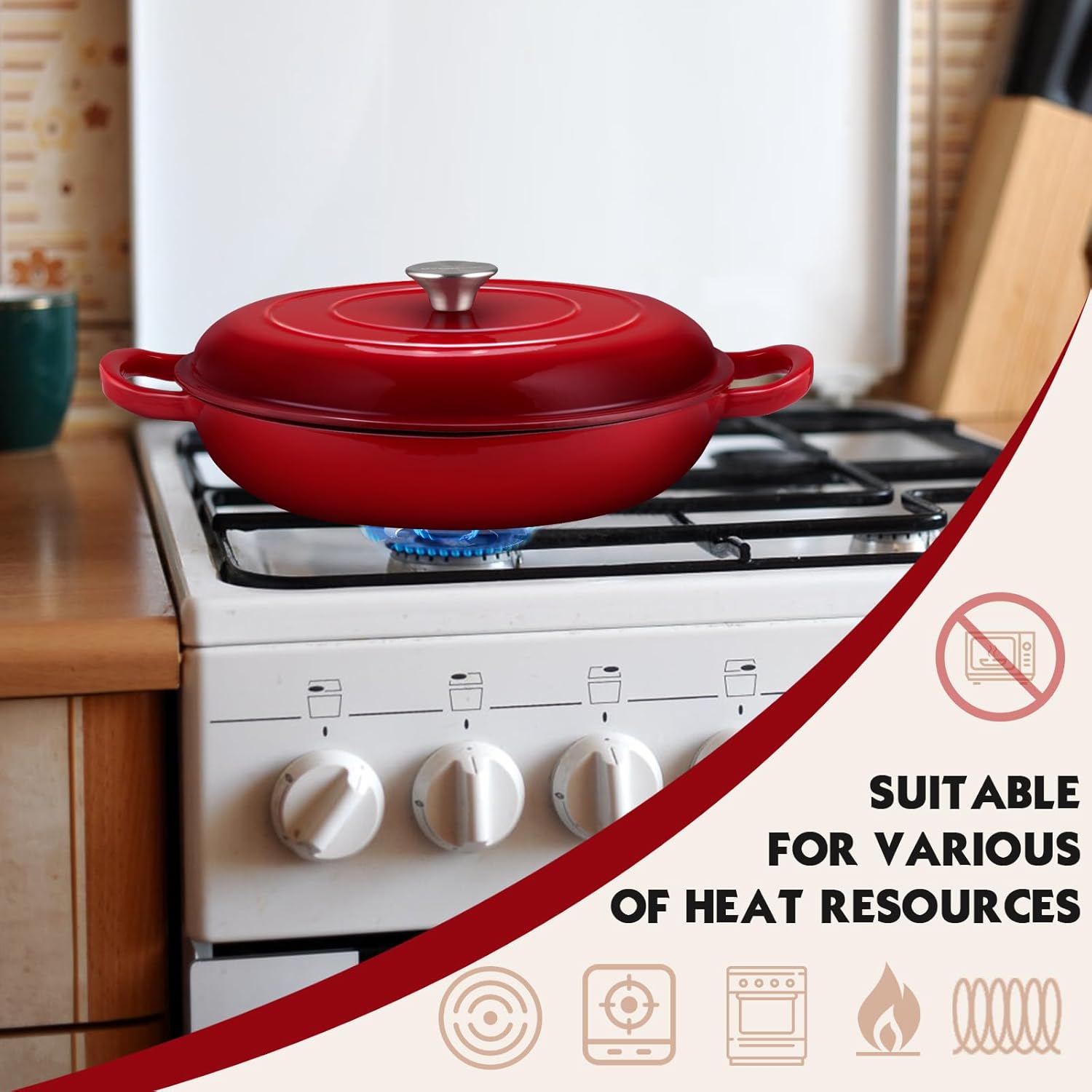 Red cast iron pot is suitable for various heat resources.