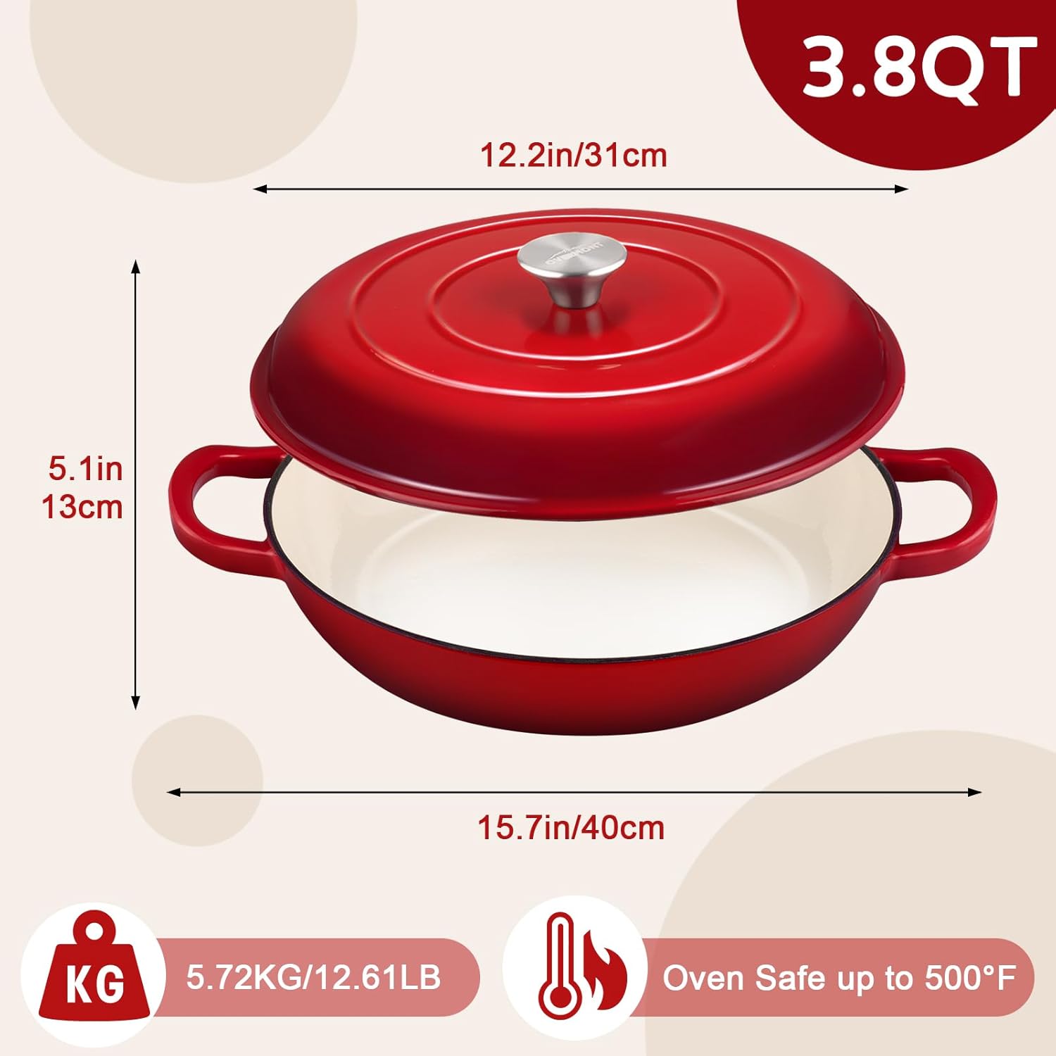 Red enameled cast iron cookware pot with dimensions and weight information