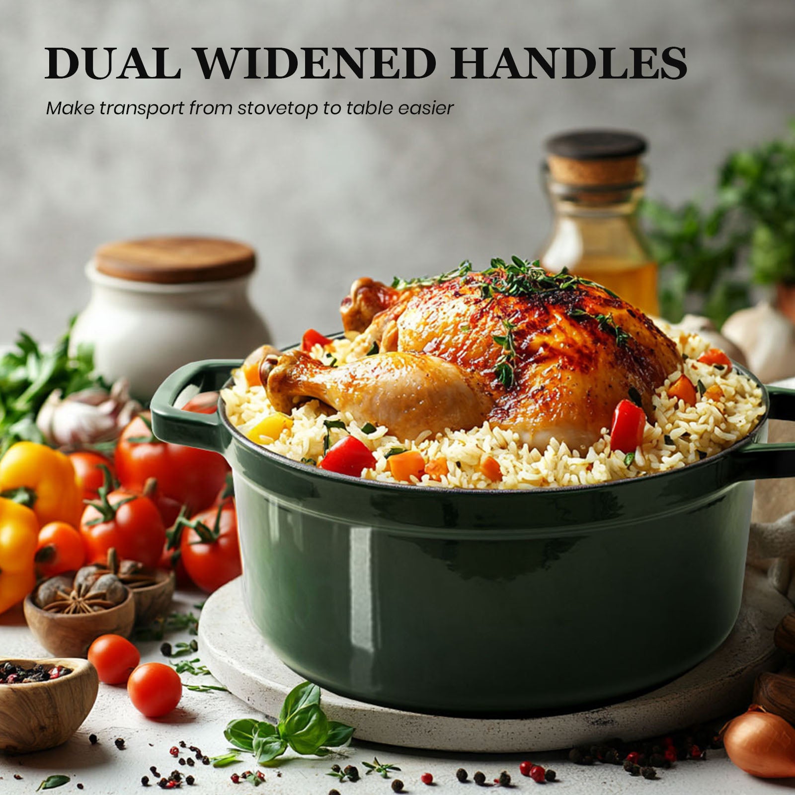 The wide handles on the green enamel pot are designed to make carrying it easier.widened handles.
