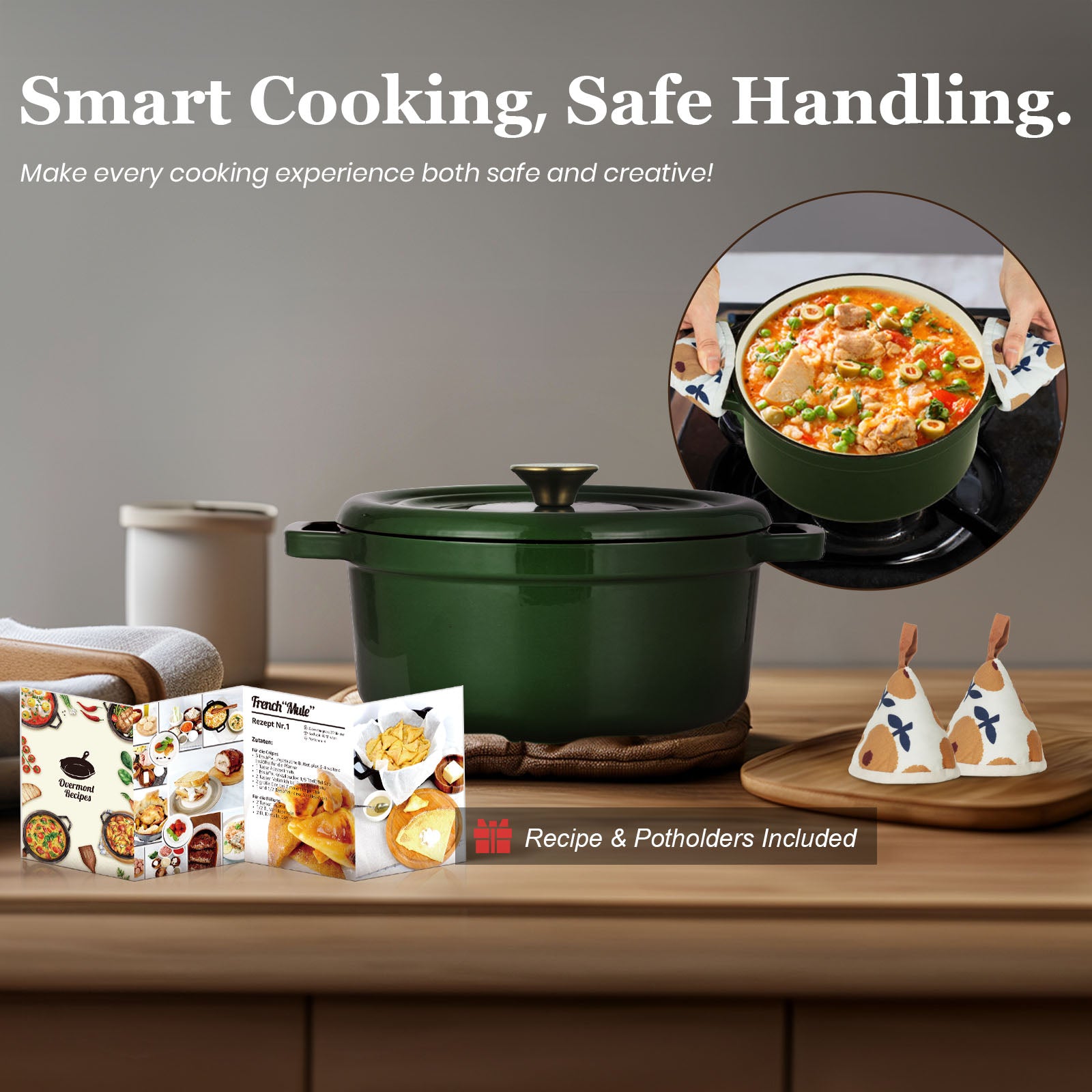 Green cooking pot with a dish of food, recipe cards, and potholders