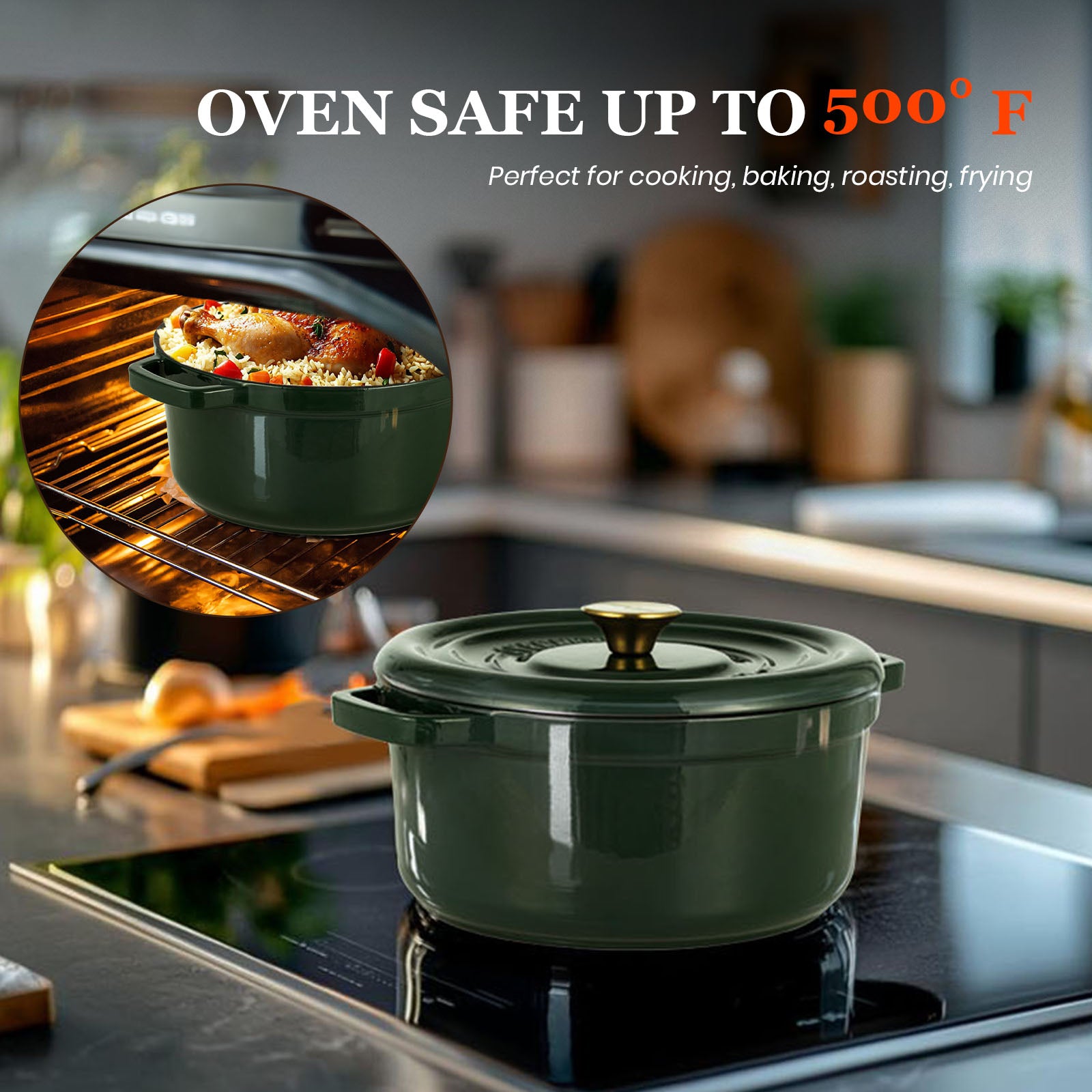 green enameled cast iron cookware with oven-safe