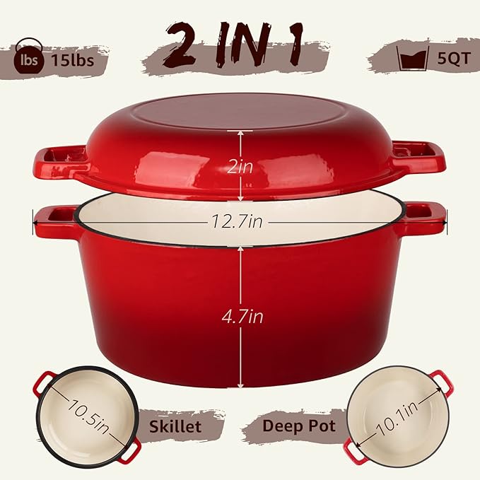 Overmont 2 in 1 Dutch Oven with Skillet Lid