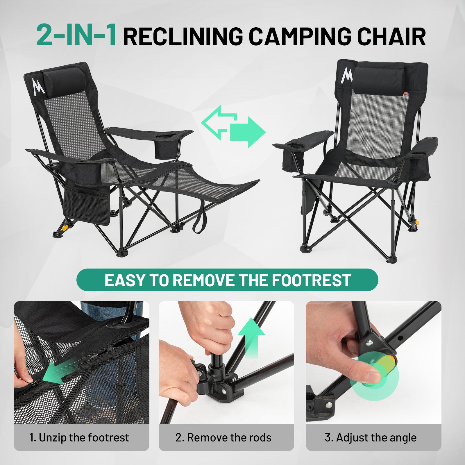 Overmont Reclining Camping Chair with Removable Footrest