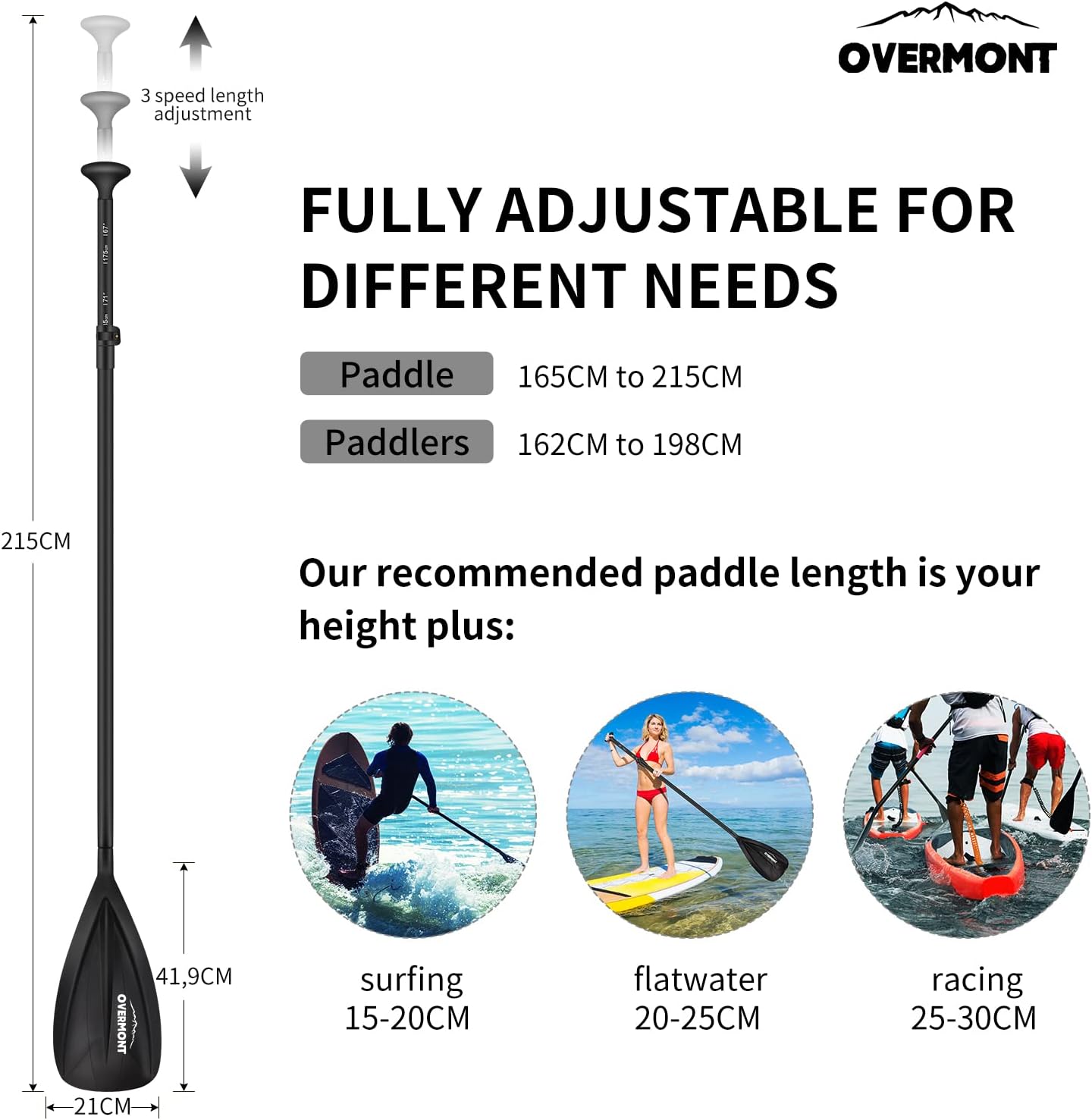 Overmont Aluminum Alloy Adjustable SUP Paddleboard Paddle