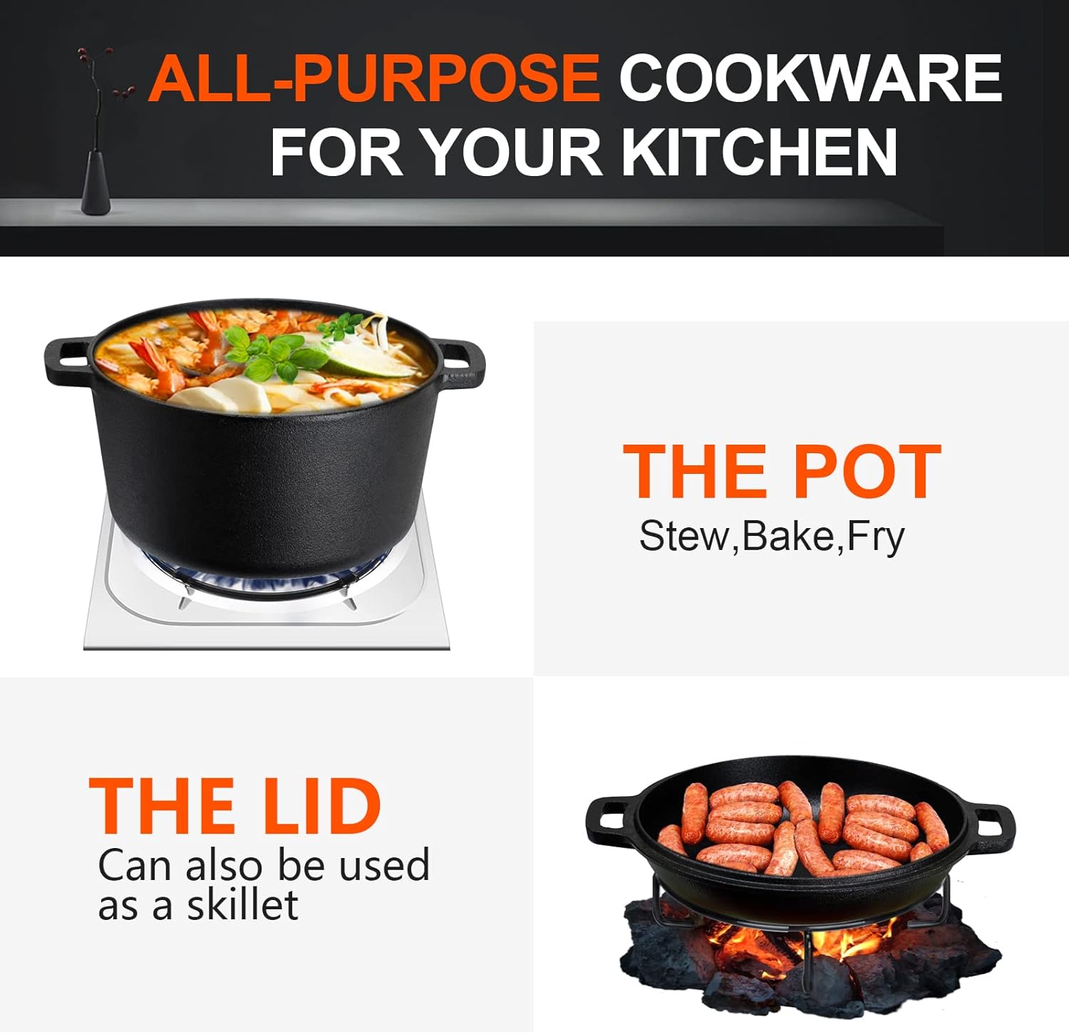 Overmont 2 in 1 Dutch Oven with Skillet Lid