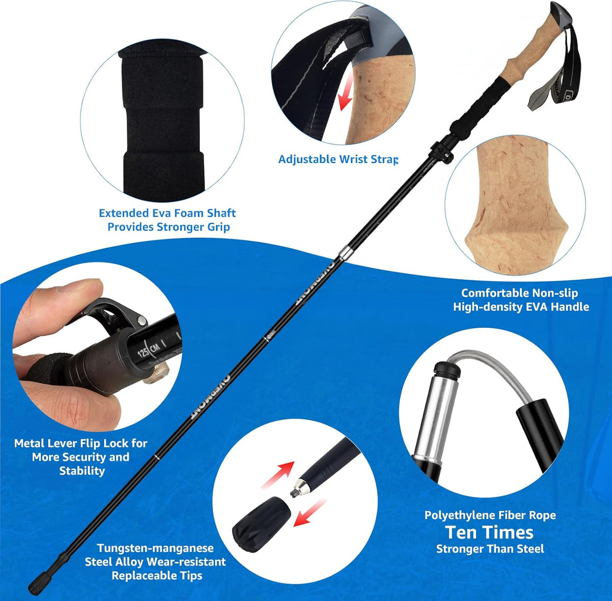 Overmont Bâtons De Randonnée Pliable Ultraléger - Antidérapant, Réglable, Idéal Randonnée, Camping, Ski & Trekking (2 Pièces)