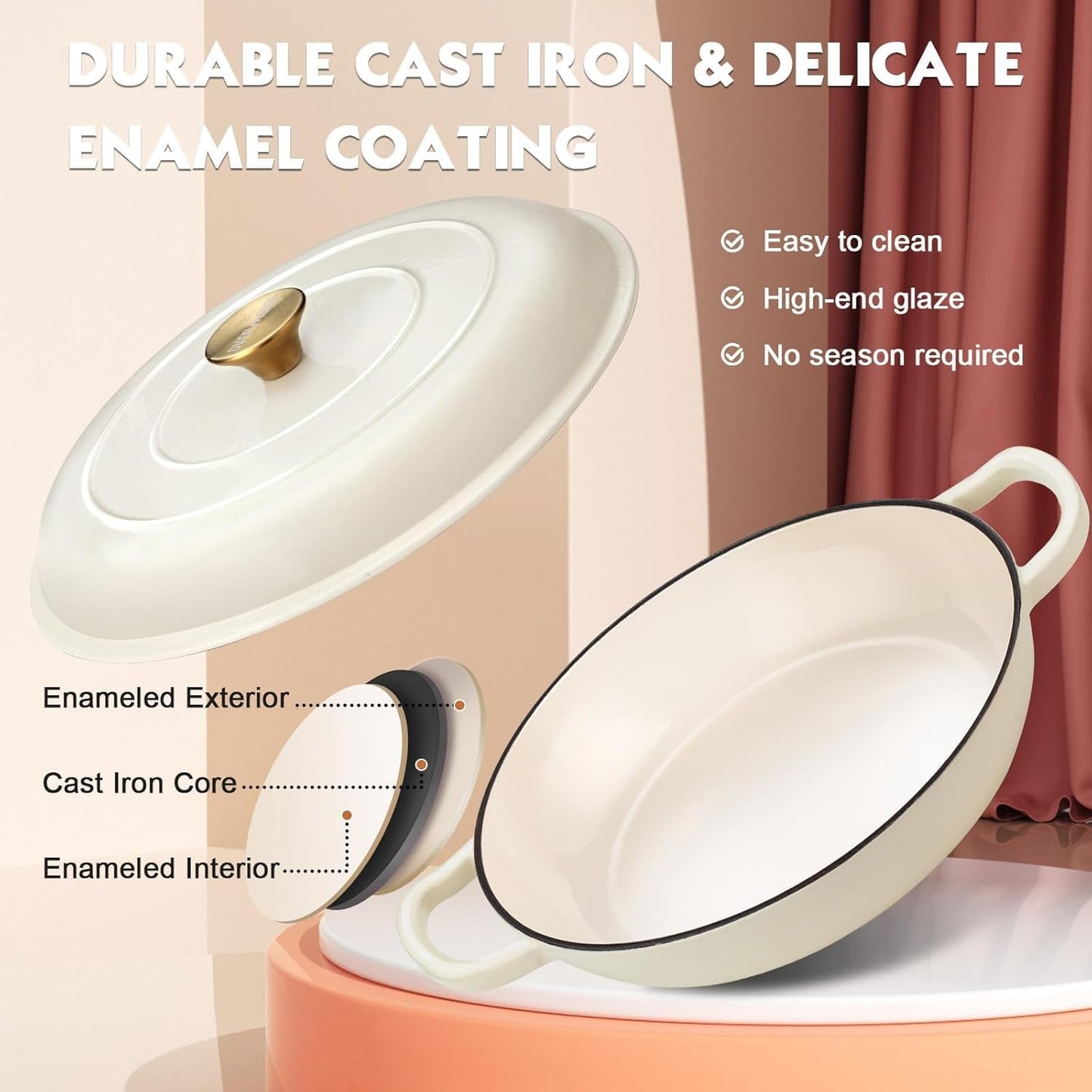 Overmont 3.2 Quart Cast Iron Enameled Braiser Cookware