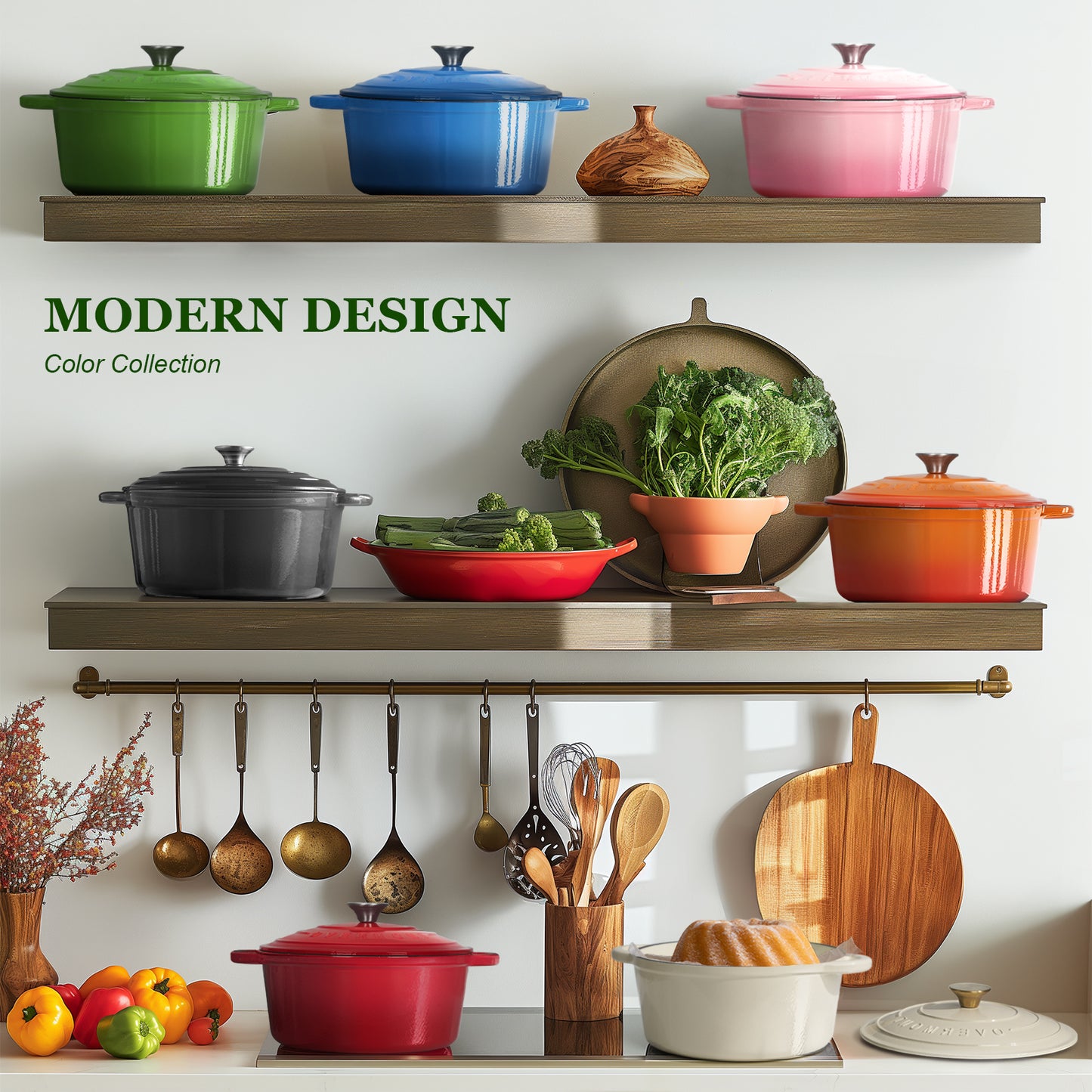 Colorful cookware set with 'Modern Design'