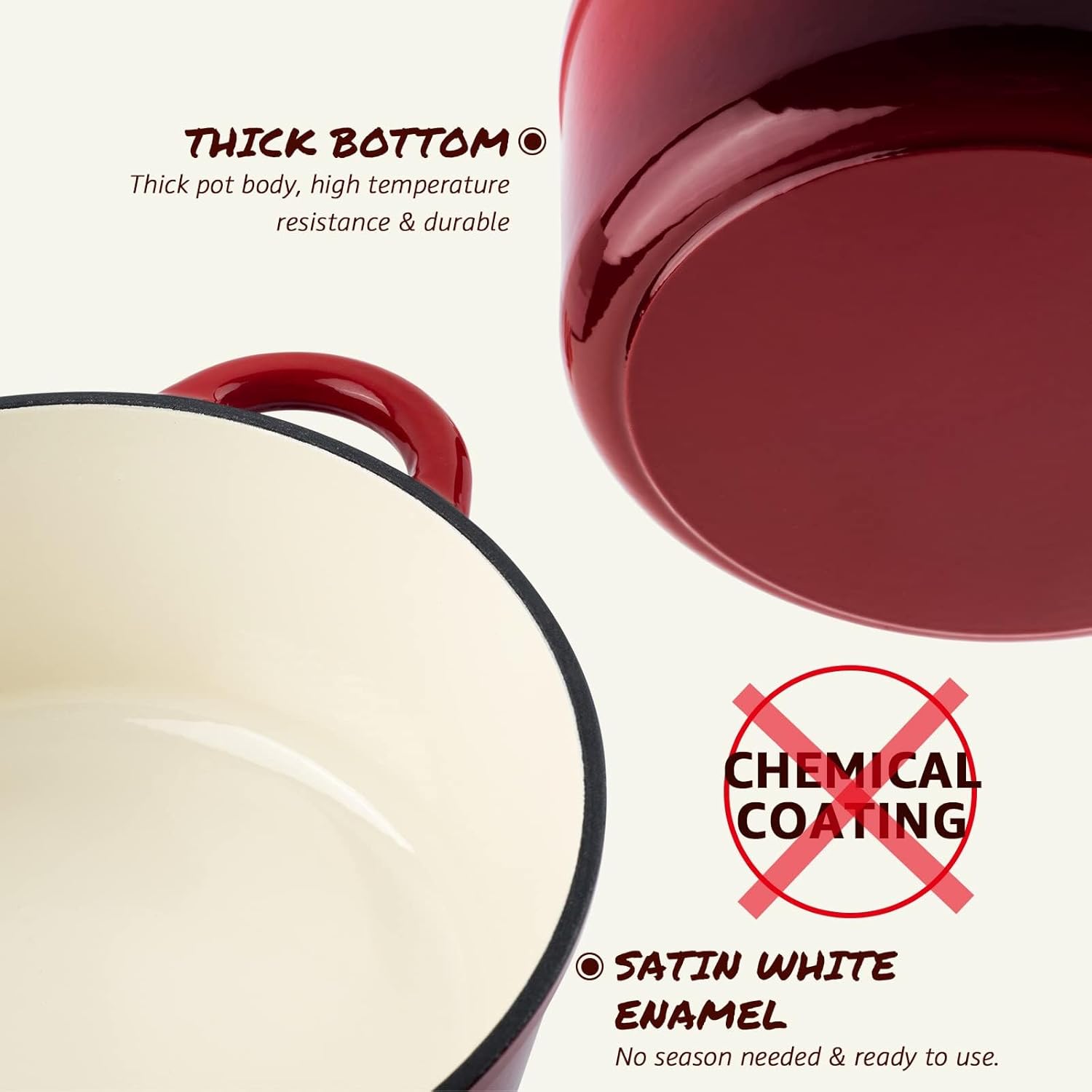 Red enameled cookware with a thick base, heat-resistant.