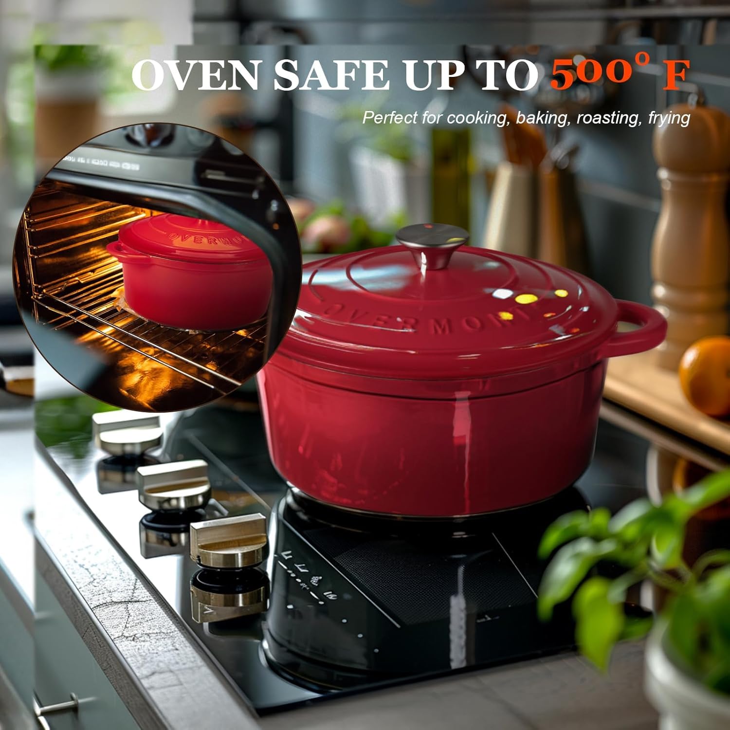 Red enameled cast iron cookware on a stove with oven-safe