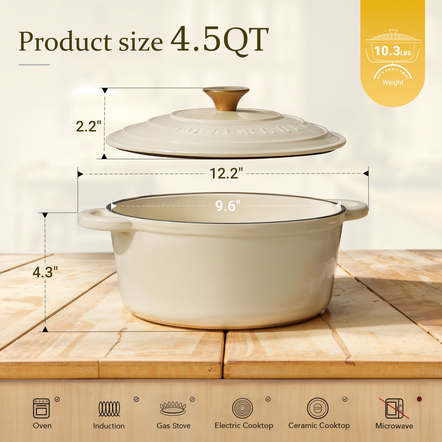 4.5qt cream white enameled cast iron cookware with dimensions
