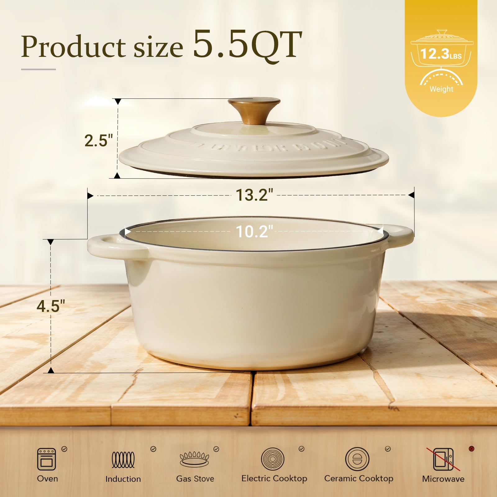 5.5qt cream white enameled cast iron cookware with dimensions