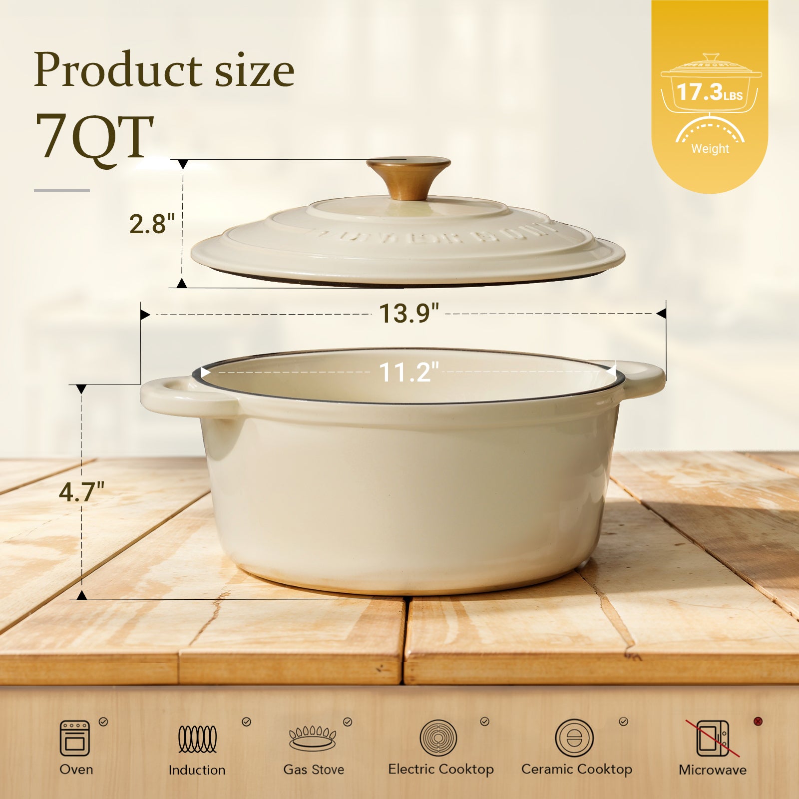 7qt cream white enameled cast iron cookware with dimensions
