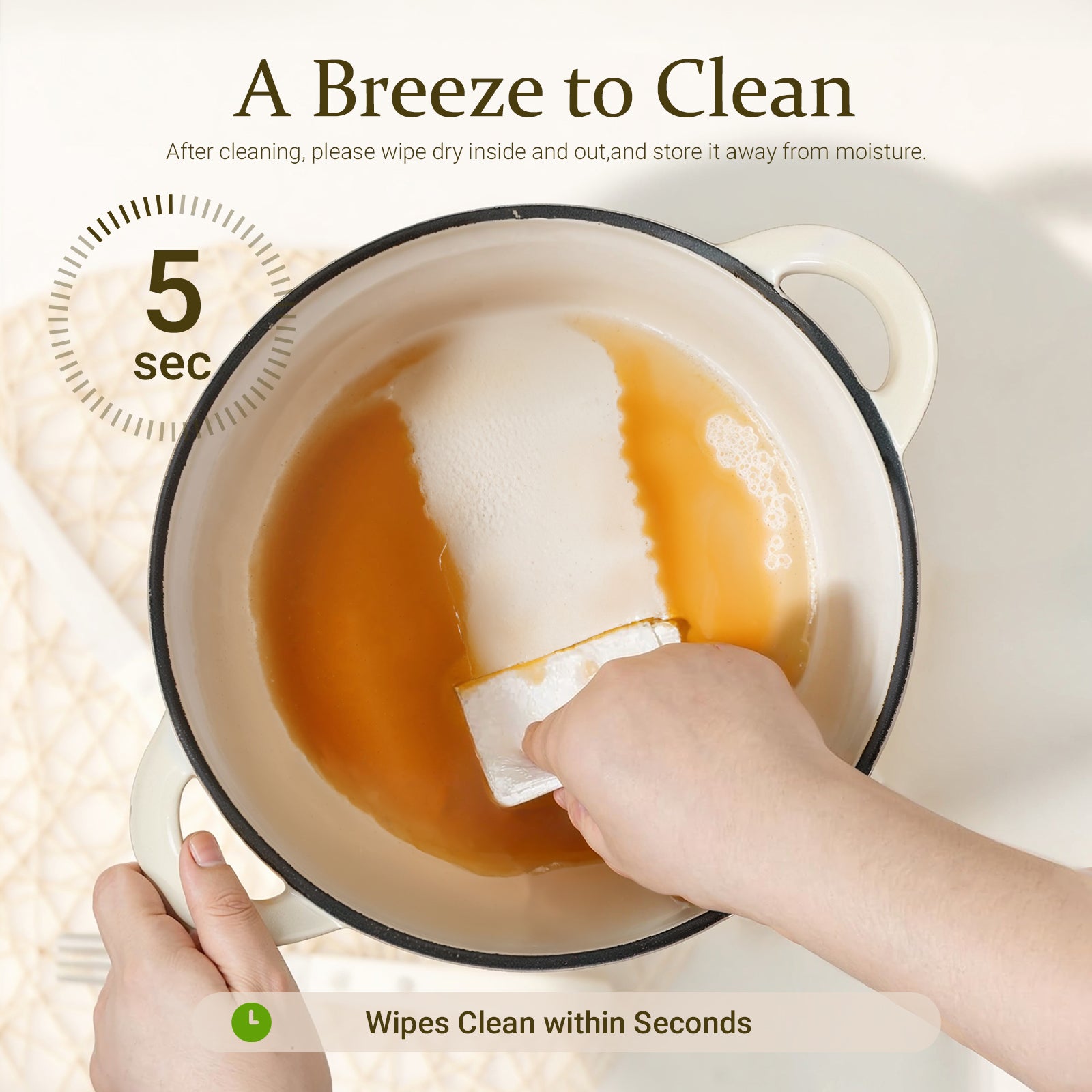 cream-white enameled cast iron Dutch oven is easy to clean and wipes clean in seconds.