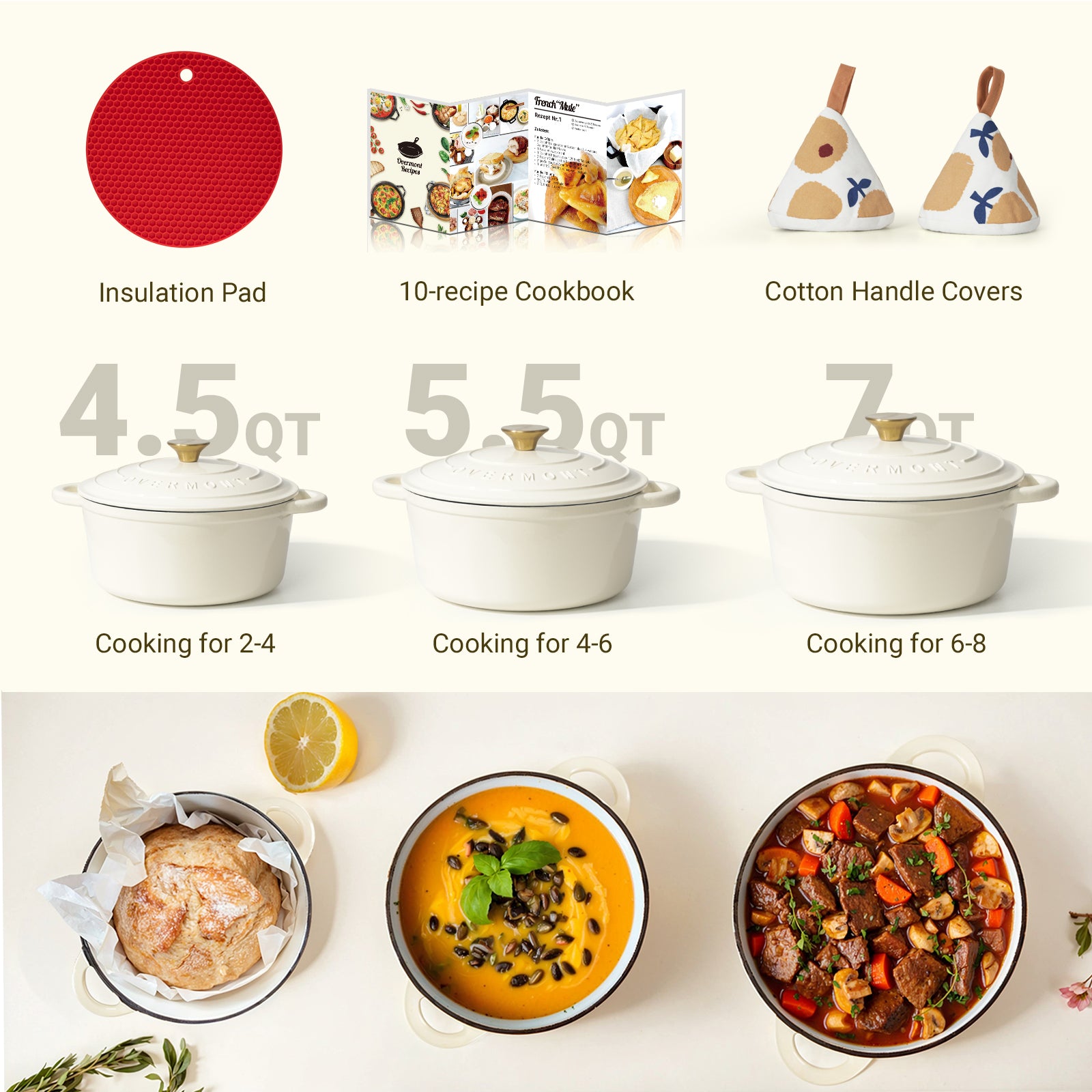 Set of cream white cookware with different sizes, an insulation pad, recipe book, and cotton handle covers on a white background.