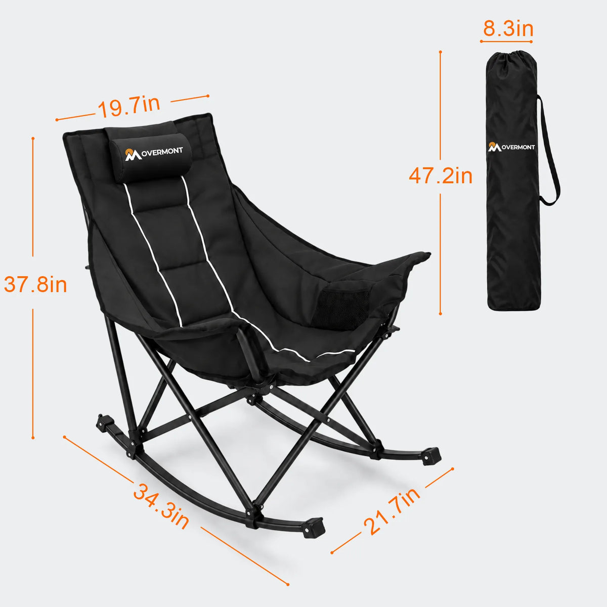Overmont folding rocking camping chair - Chair and carry bag dimensions
