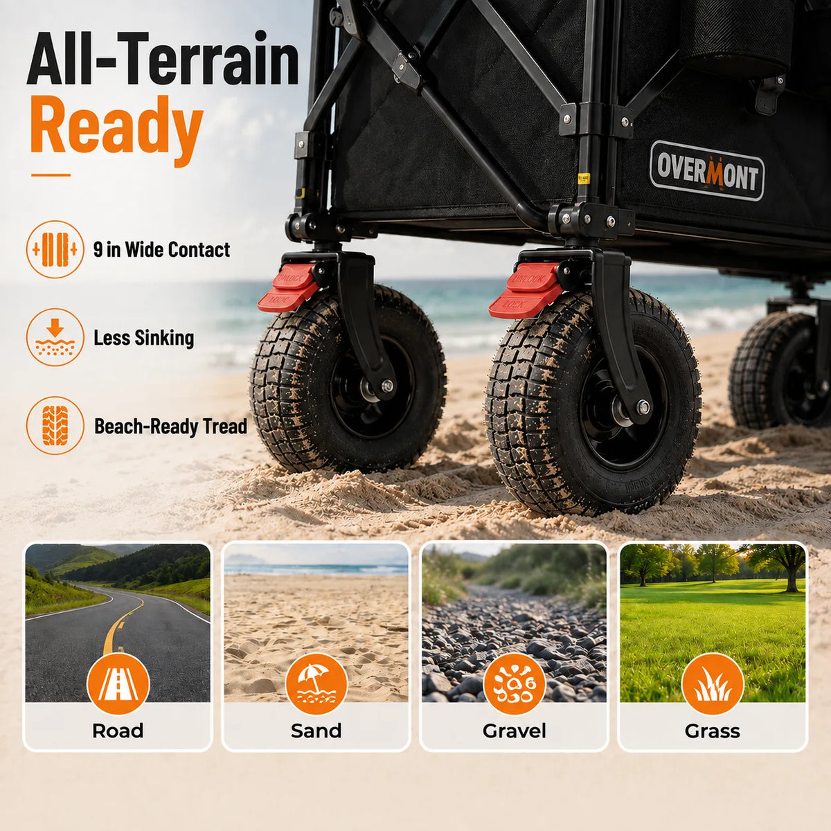 Overmont 200L Beach Wagon with 9" Big Pneumatic Rubber Wheels