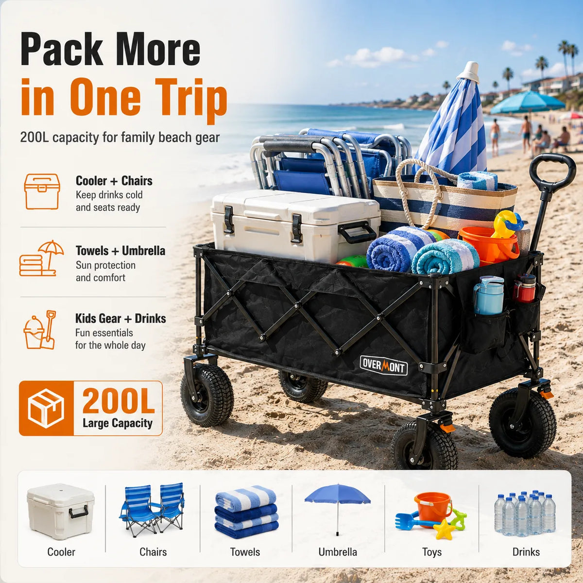 Overmont 200L Beach Wagon with 9" Big Pneumatic Rubber Wheels